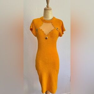 Vintage 80s/90s Bejeweled Sheer Golden Rod Bodycon Cage Dress